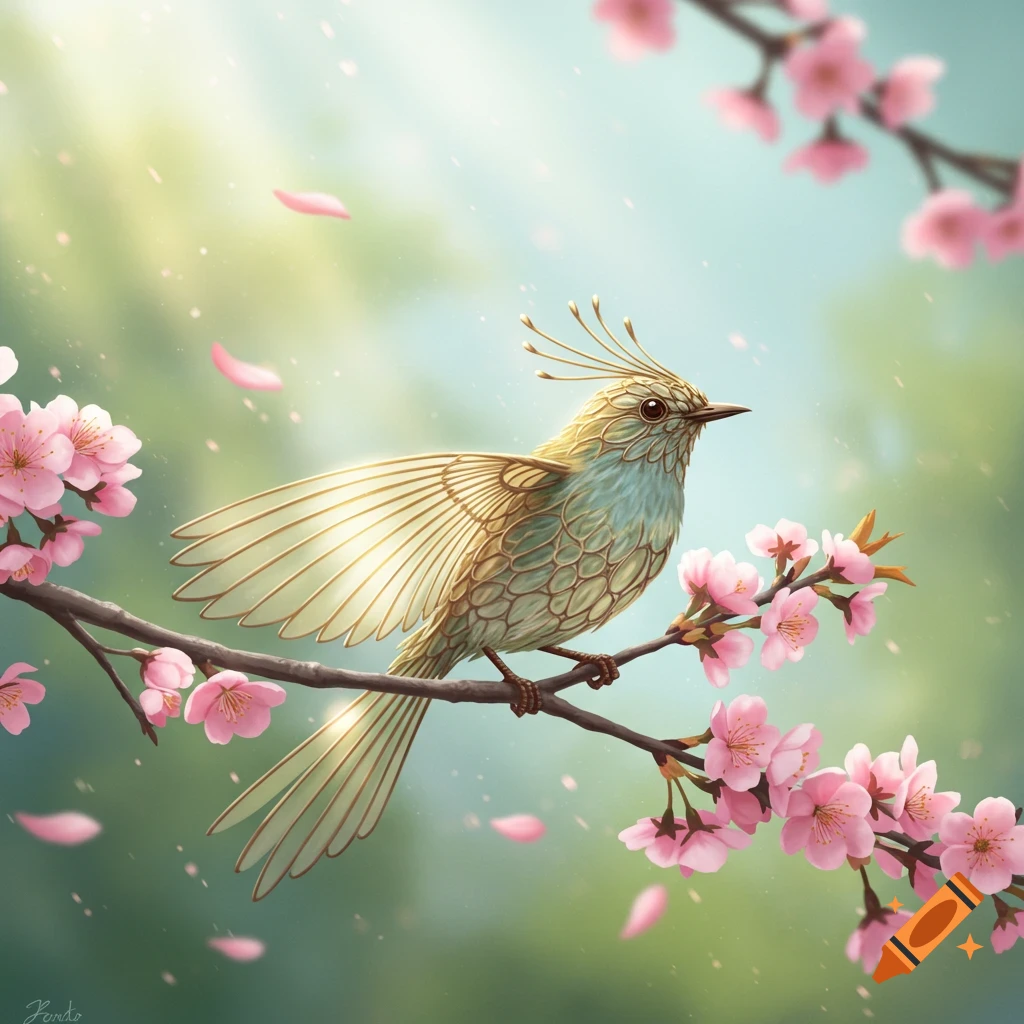 A stylized golden bird with an ornate crest perches on a branch adorned with pink cherry blossoms, with petals gently falling.