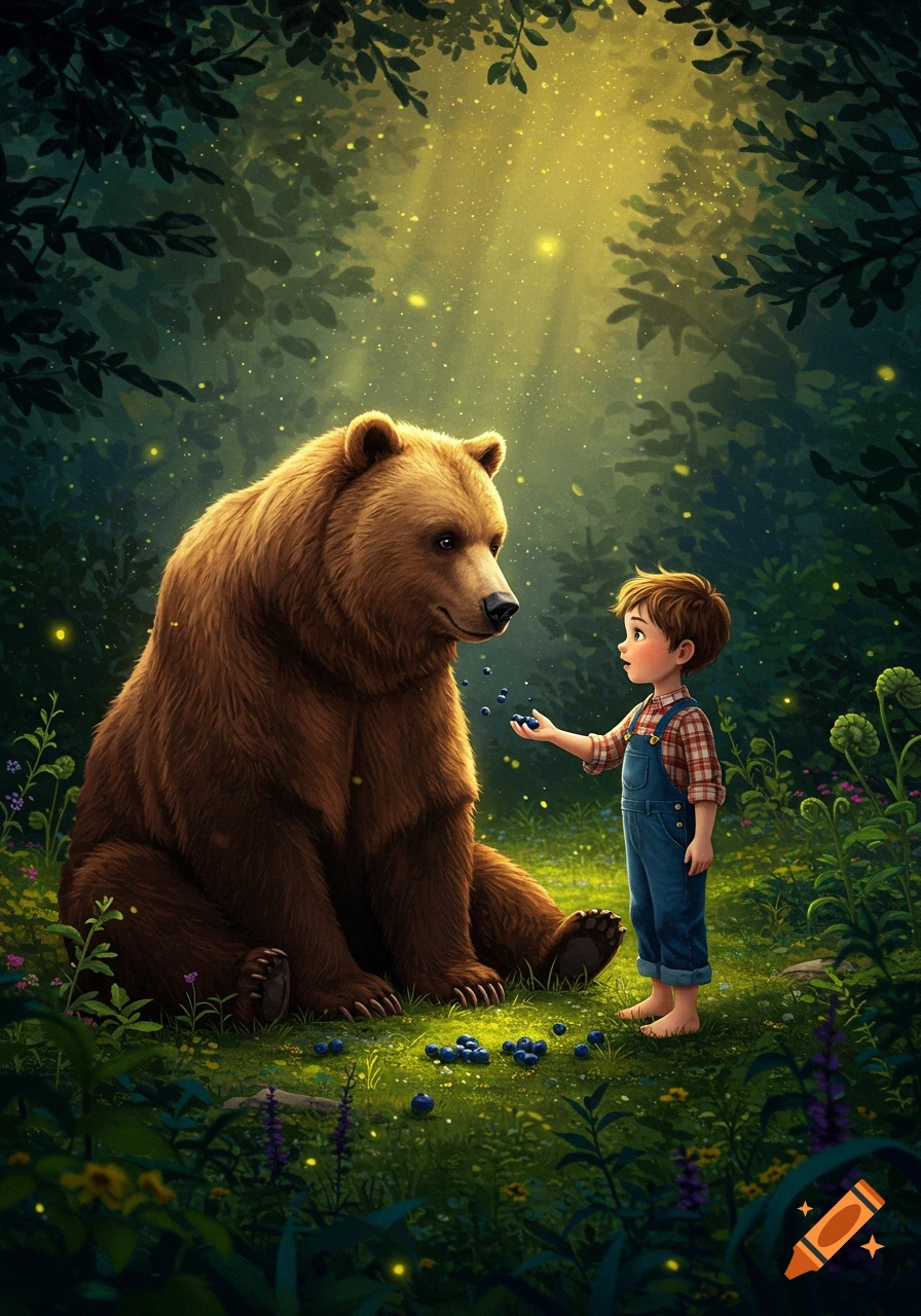 A young boy in overalls feeds blueberries to a large brown bear in a whimsical, glowing forest.