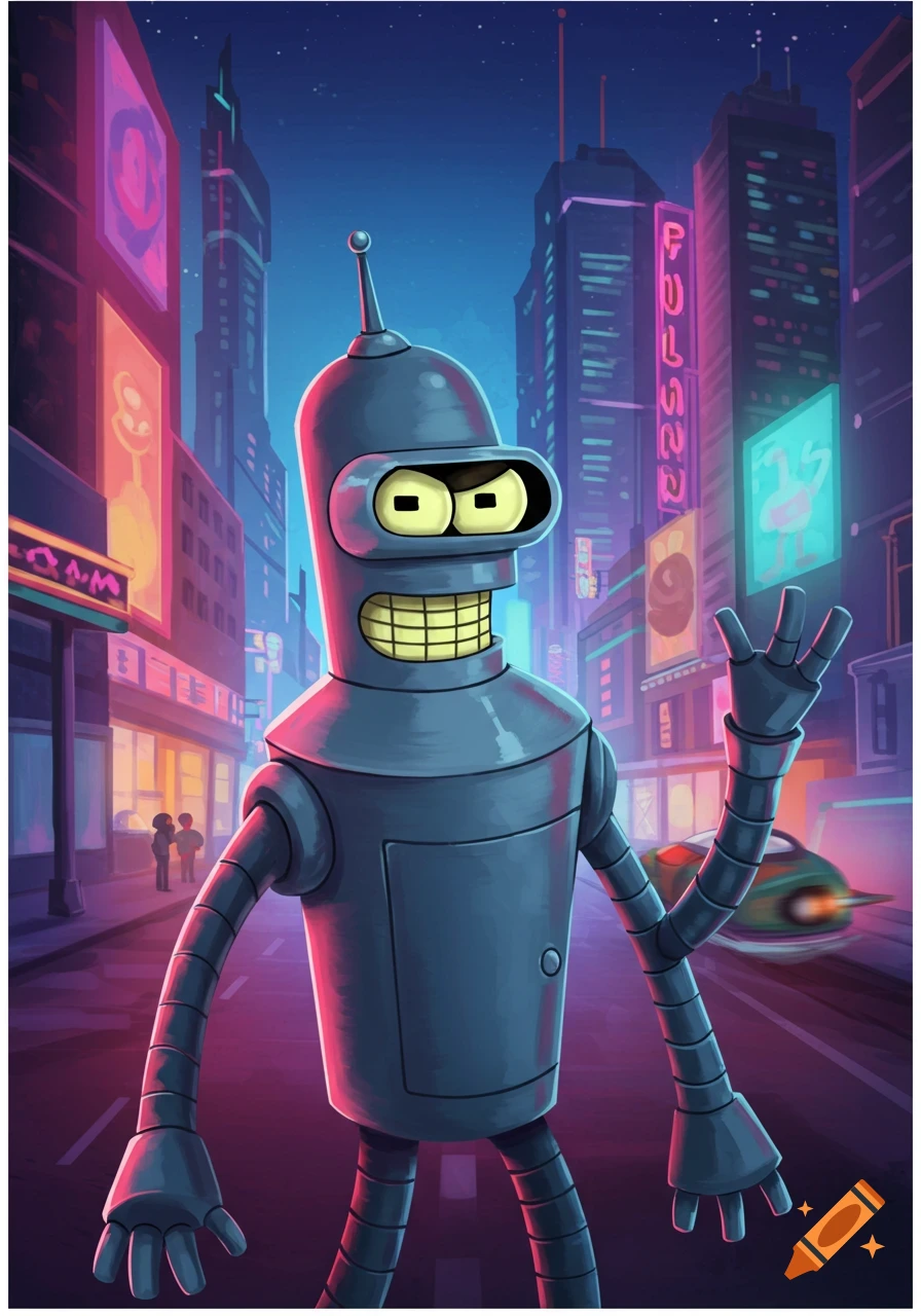 Bender from Futurama stands in a vibrant, neon-lit futuristic city at night, waving with a grin.
