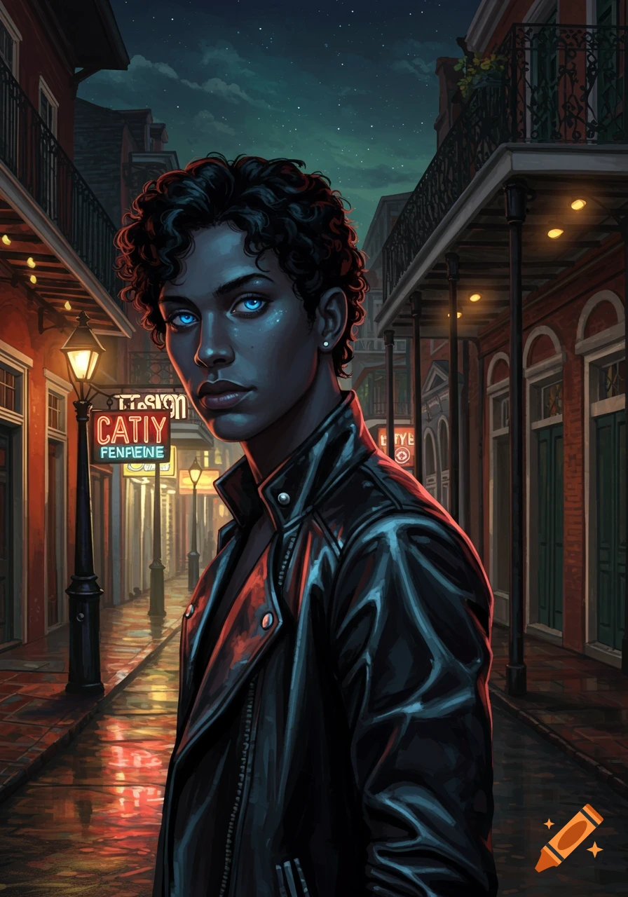 Digital art of a young man with dark skin, curly hair, and glowing blue eyes in a leather jacket on a wet New Orleans street.