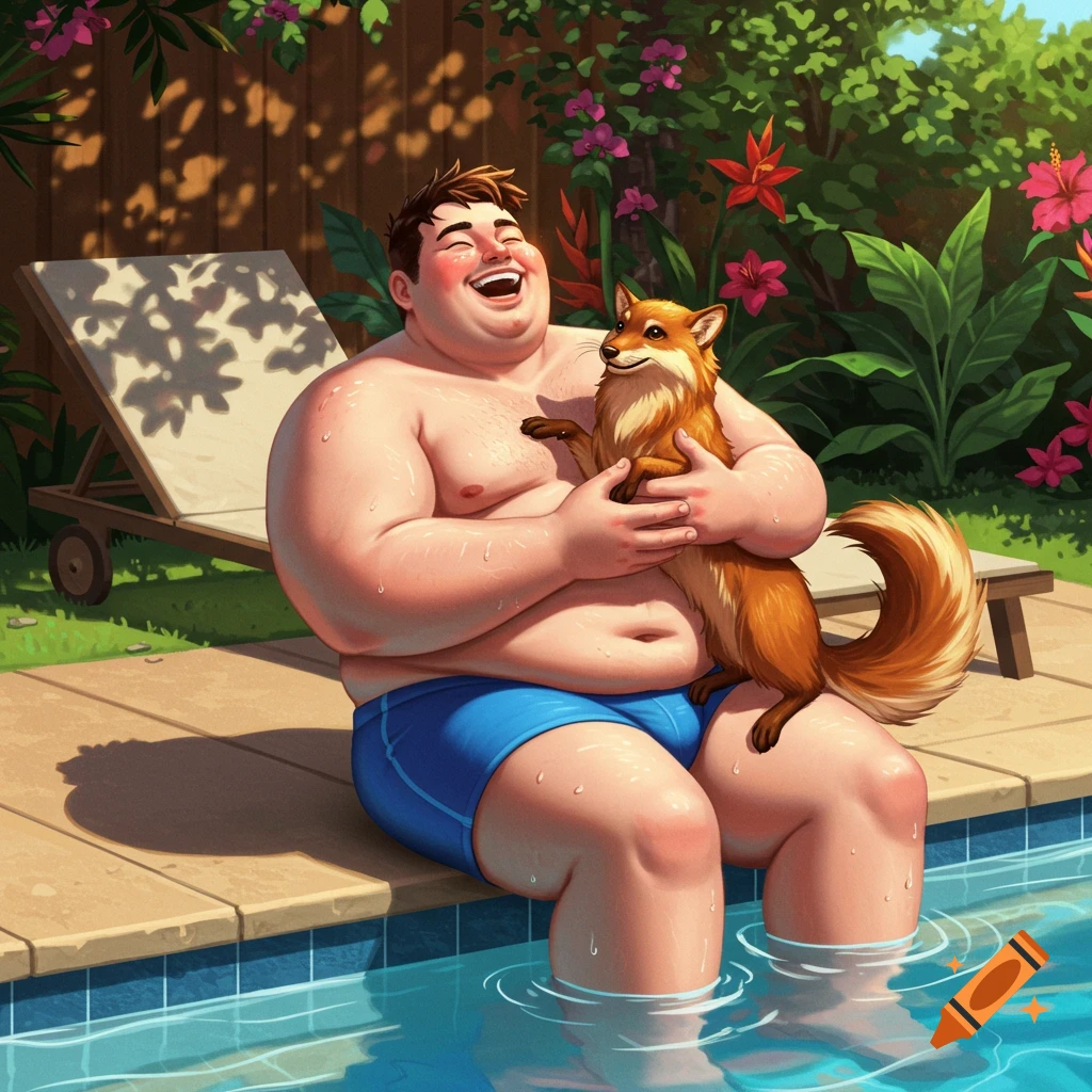 A smiling, shirtless, heavy-set man in blue swim trunks sits on the edge of a pool, holding a fox.