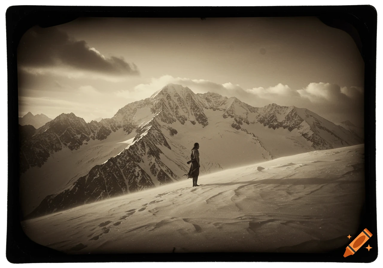 A lone figure in robes stands on a windswept, snow-covered mountain, captured in an old sepia daguerreotype style.
