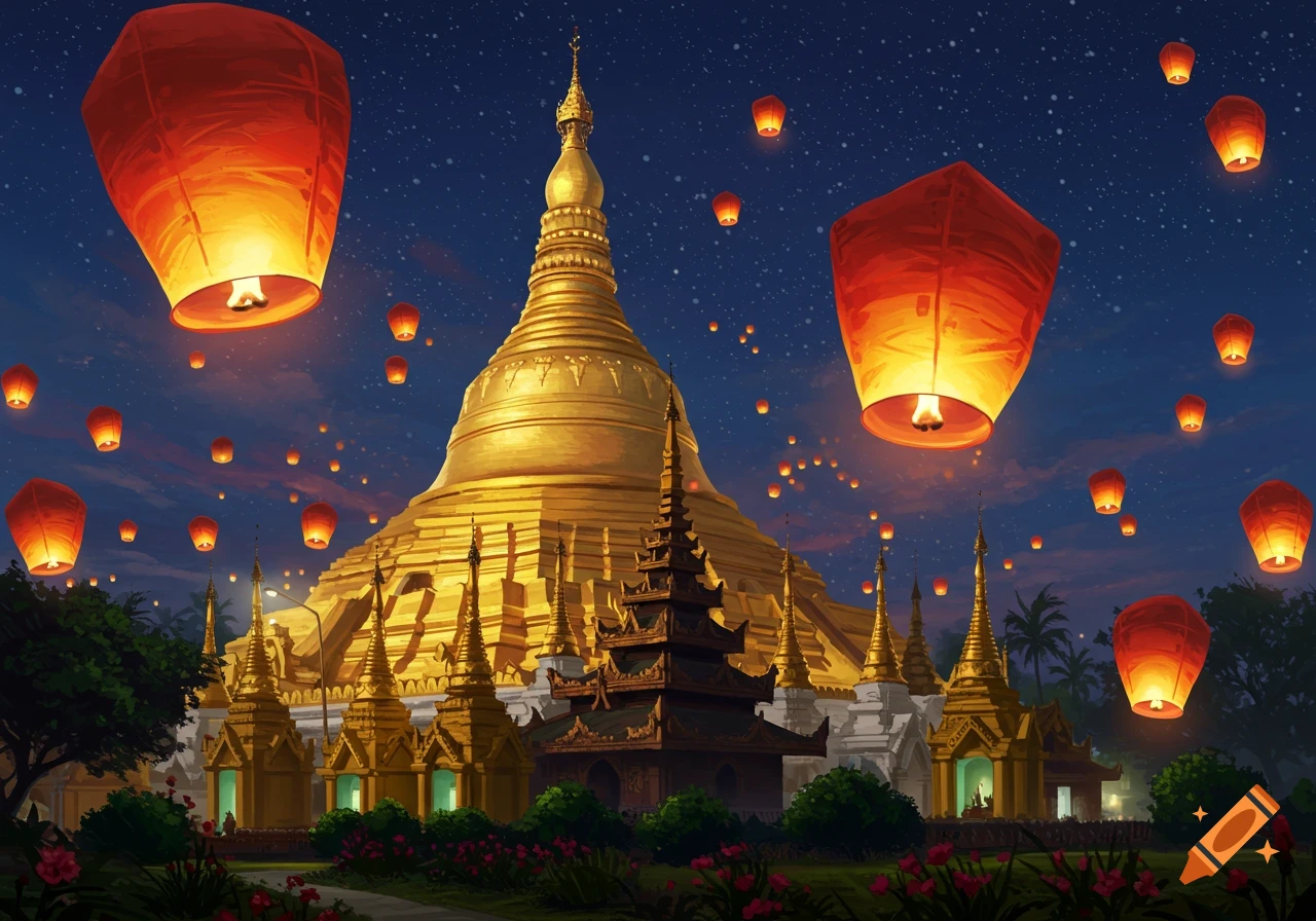 A vibrant illustration of a majestic golden pagoda under a dark blue night sky, surrounded by numerous glowing orange sky lanterns.