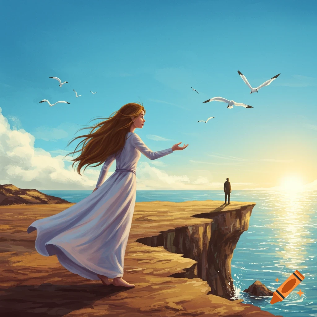 Stylized illustration of a woman on a cliff reaching towards a man at sunset over the ocean, with seagulls flying.