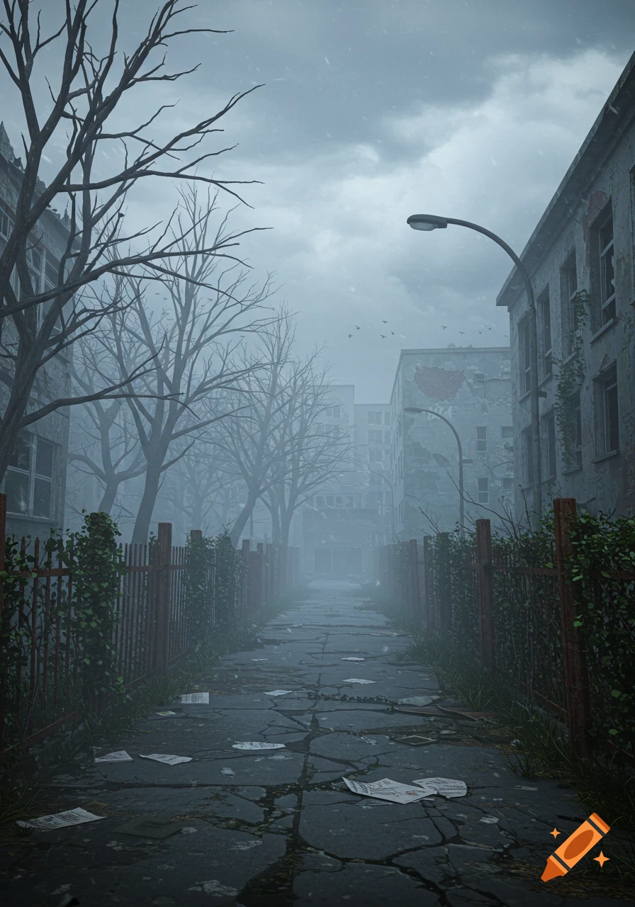 A foggy, abandoned street with dilapidated buildings, bare trees, and a rusty fence overgrown with vines under a gloomy sky. Papers litter the cracked pavement.