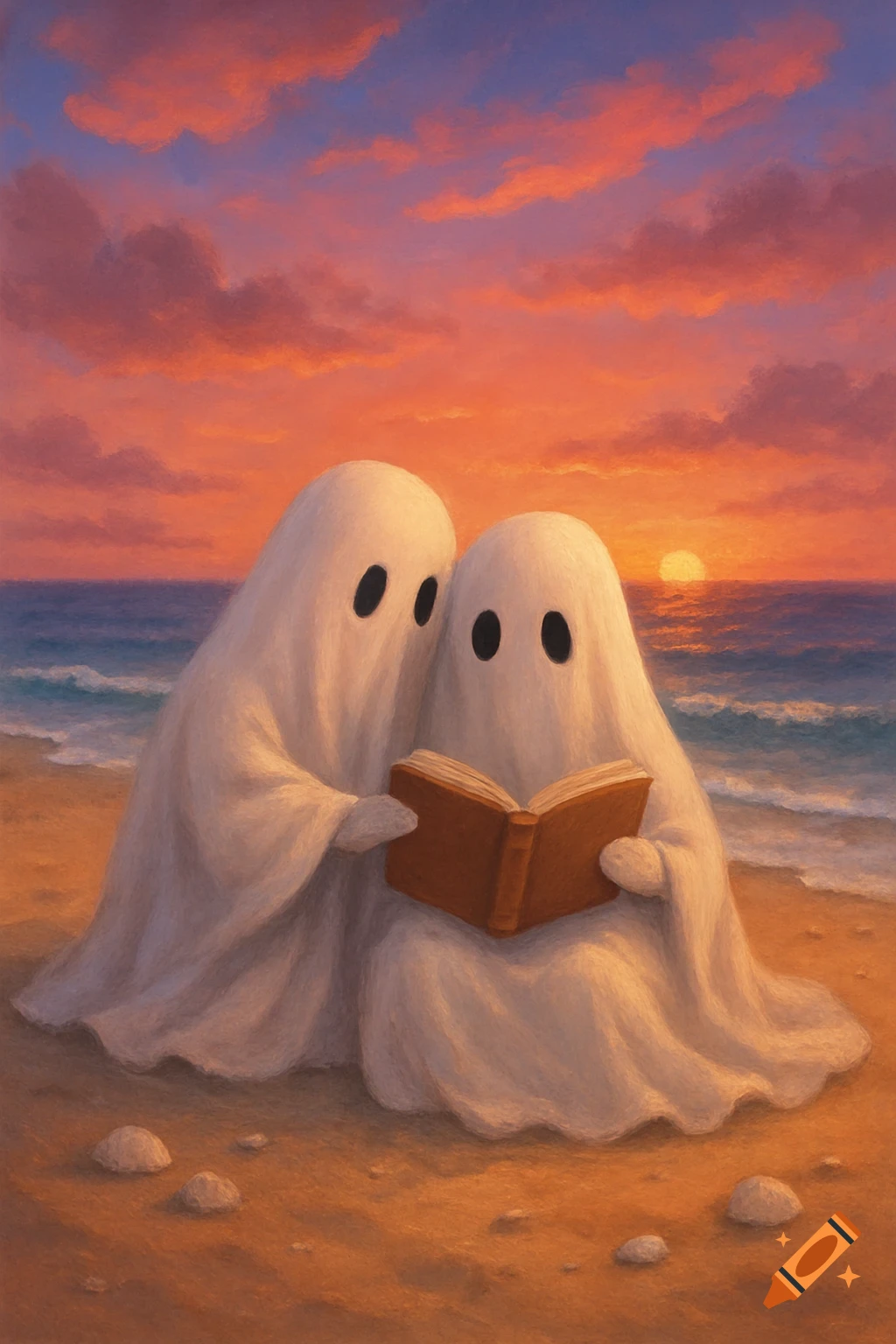 Two cute sheet ghosts read a book on a sandy beach at sunset, with gentle waves in the background, in a painting style.