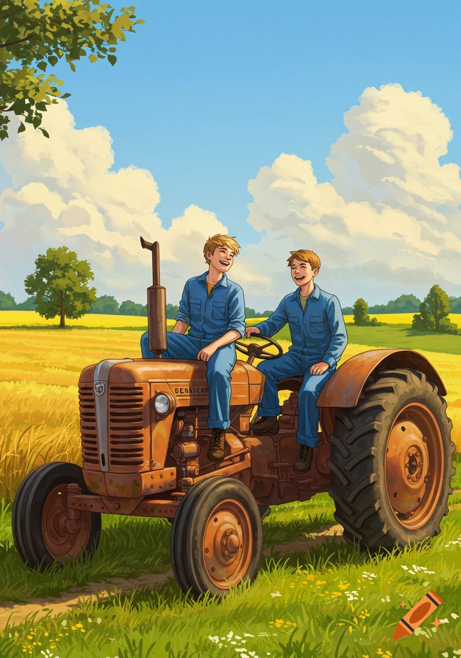 Two smiling young men in blue overalls sit on an old orange tractor in a sunny field with trees, in an illustration style.