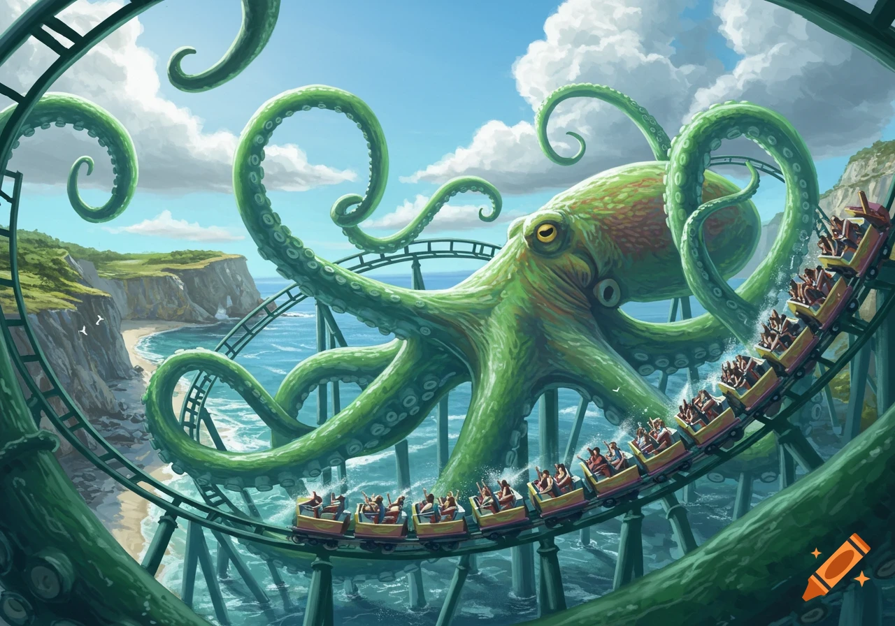 A whimsical illustration of a giant green octopus whose tentacles form a rollercoaster track over a blue ocean and sandy beach.