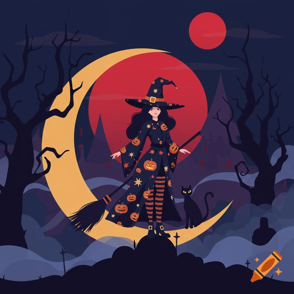 Stylized illustration of a witch on a crescent moon with a black cat, eerie trees, and a blood-red moon in the background, Halloween vibe.