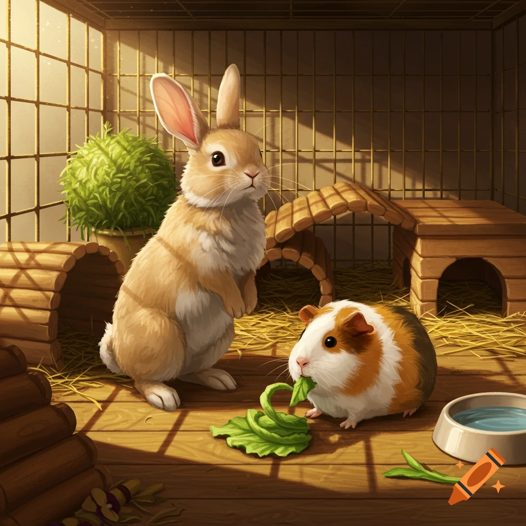 A brown rabbit stands next to a guinea pig eating lettuce in a detailed pet cage, digital art style.