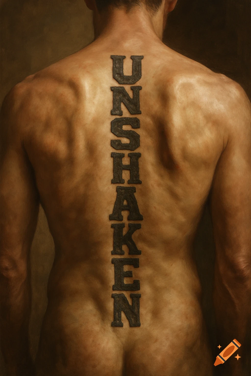 A man's muscular back with the word 'UNSHAKEN' tattooed vertically down his spine.