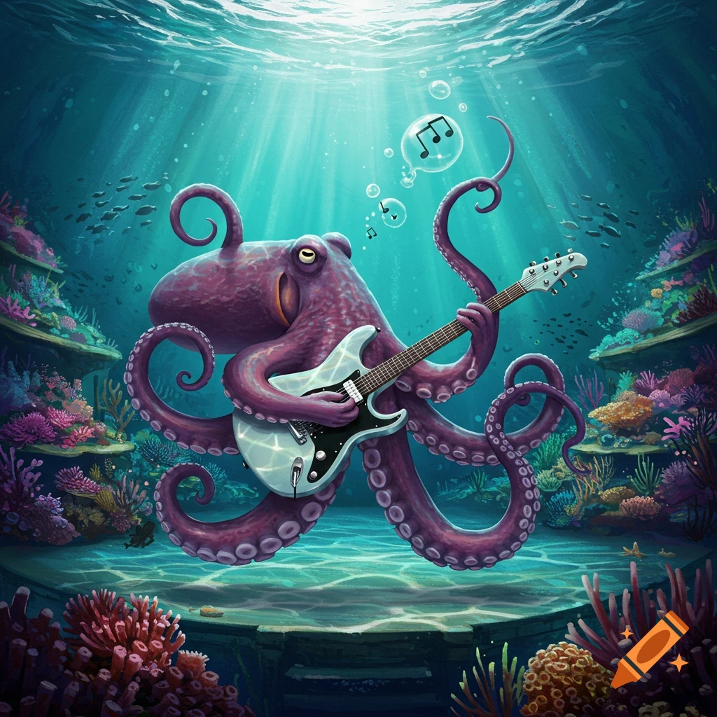 A vibrant, cartoonish purple octopus plays a white electric guitar amidst colorful coral and fish in a bright underwater scene.