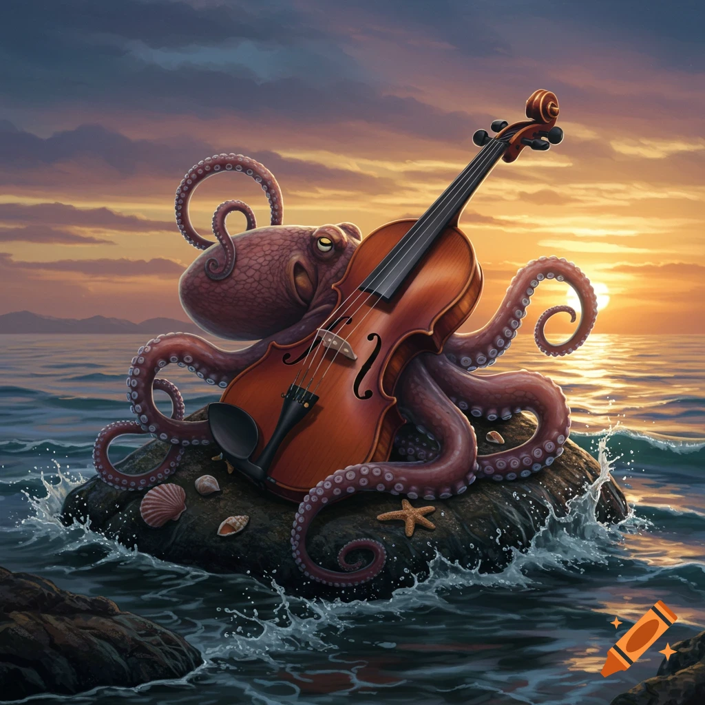 A whimsical octopus holds a violin on a rock in the ocean during a vibrant sunset.