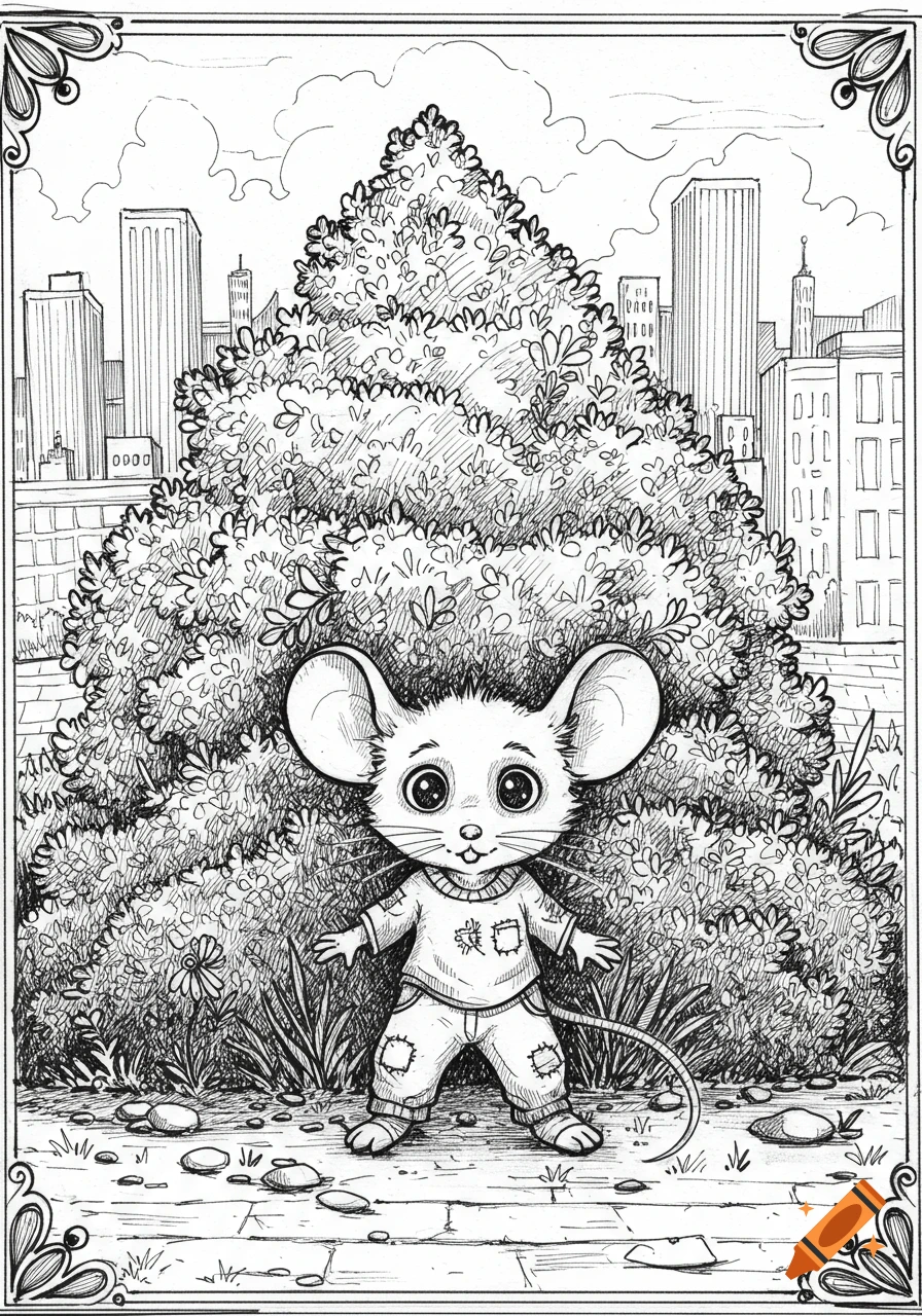 Cute line art coloring page of an anthropomorphic mouse in ragged clothes standing before a large bush in an urban landscape.
