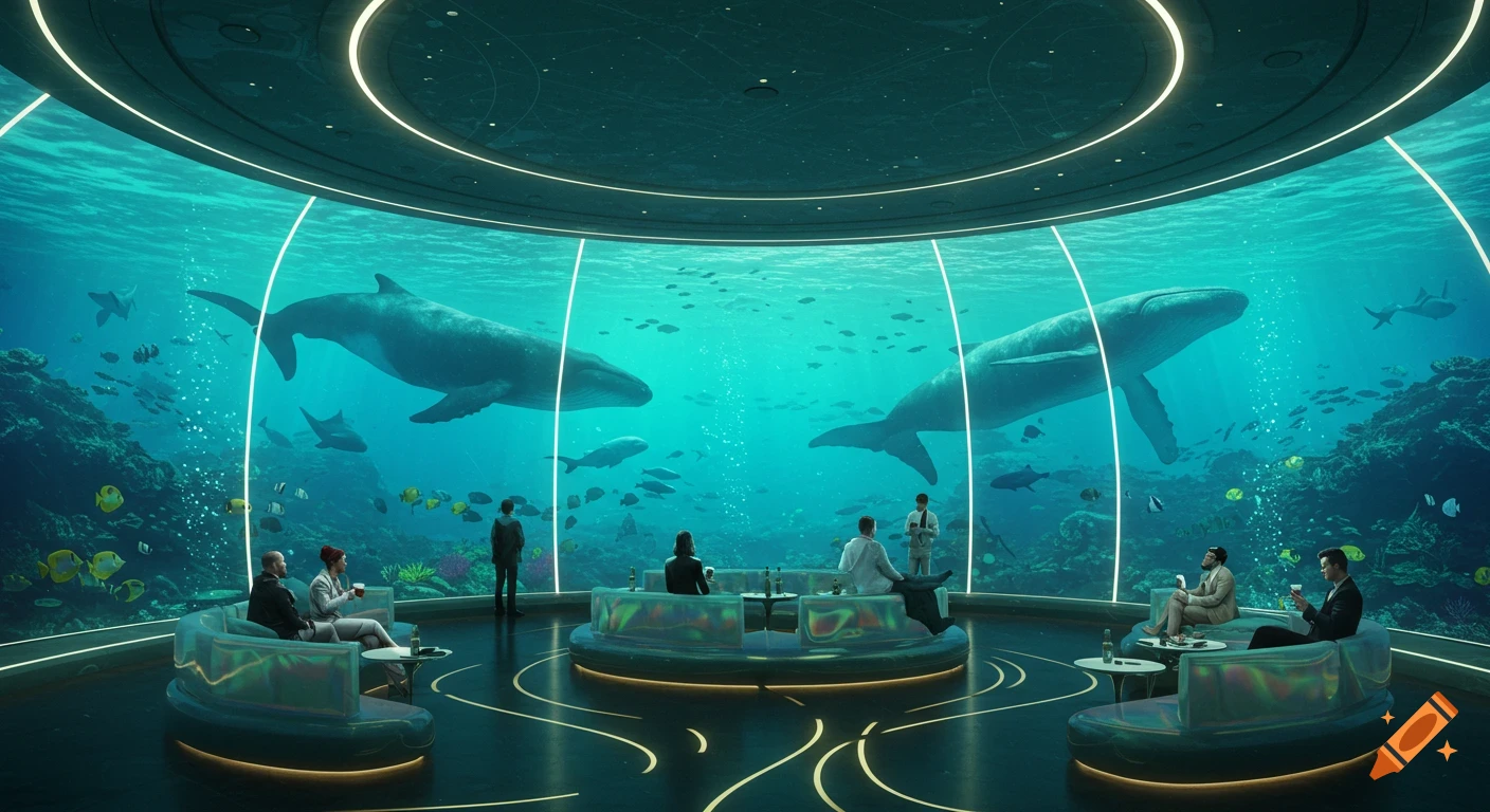 Futuristic underwater cafe inside a glass dome, with people relaxing as whales and colorful fish swim by.
