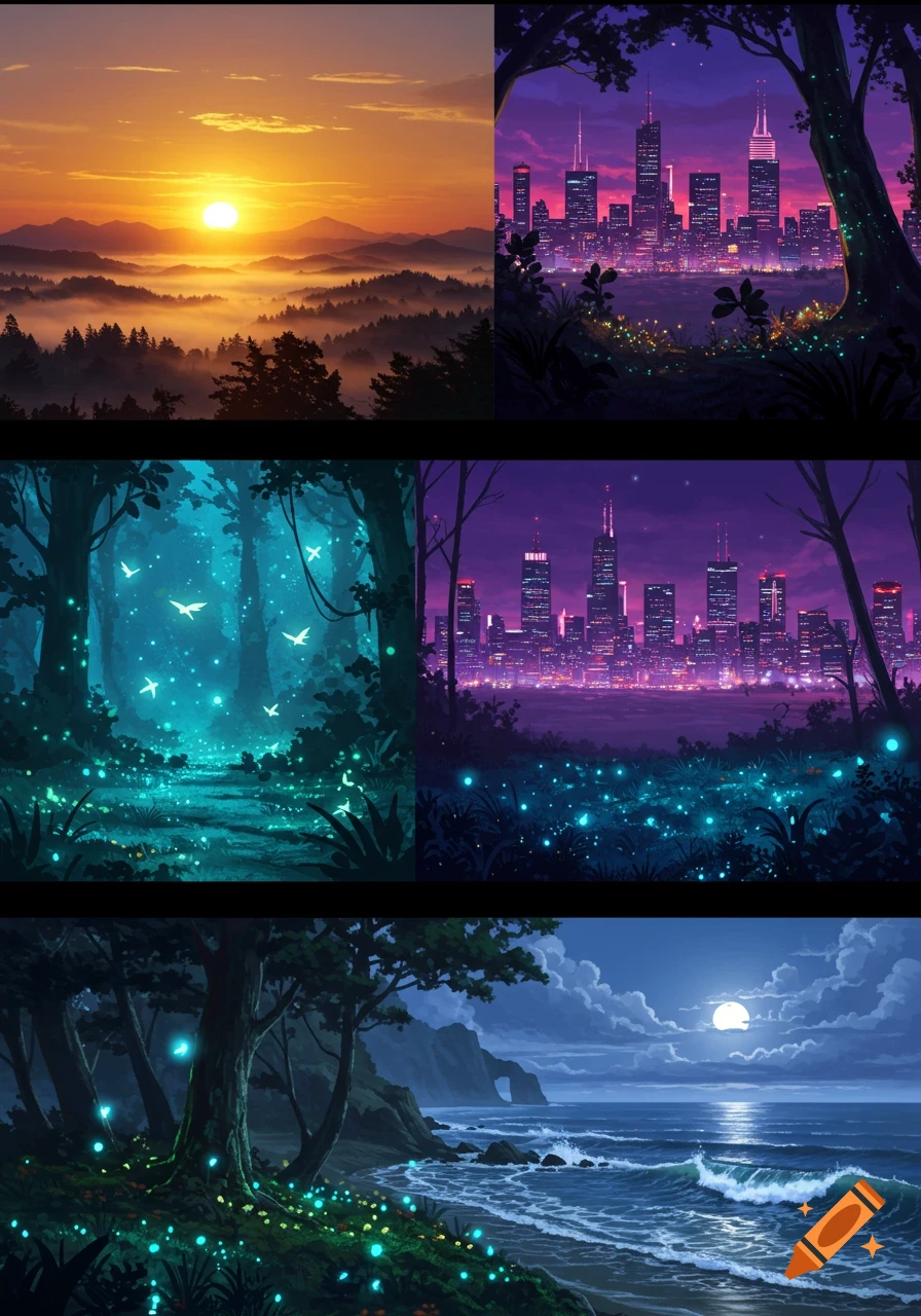 A collage of four vibrant, stylized landscapes: a sunset over misty mountains, a futuristic city skyline at night, a glowing magical forest, and a moonlit ocean shore.