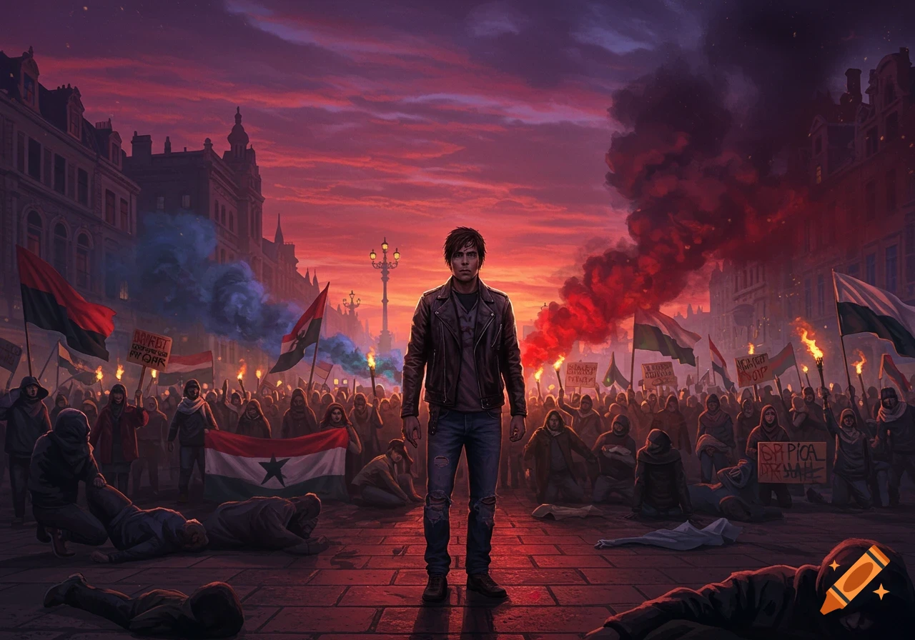 A man in a leather jacket stands amidst a dramatic, stylized protest scene at dusk with a crowd, flags, and smoke.
