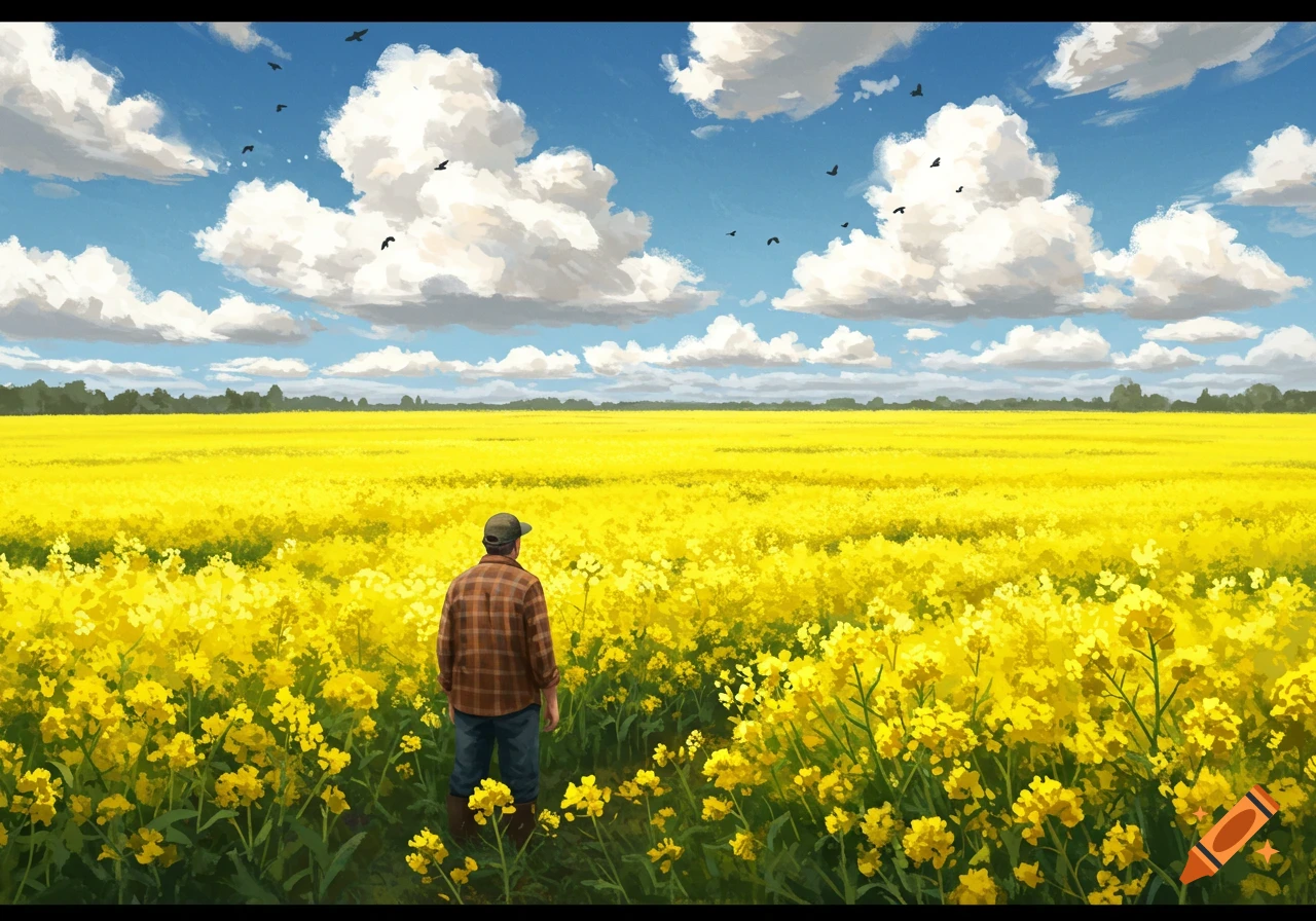 A farmer stands in a vast yellow field of flowering oilseed rape under a blue sky with white clouds and birds.