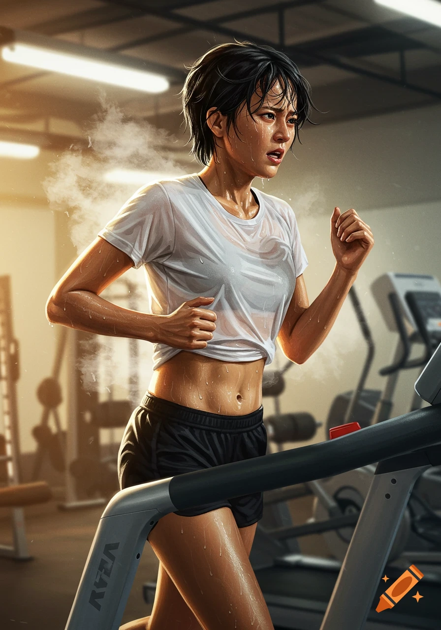 Sweating woman with short black hair running on a treadmill in a gym, looking tired. Digital art.