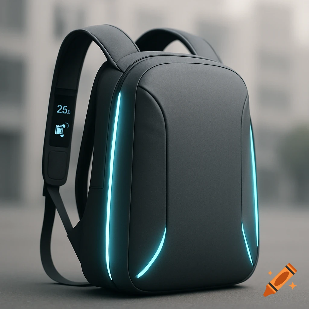 A dark gray futuristic backpack with glowing blue LED strips along the sides and a digital display showing "25G" on one strap.
