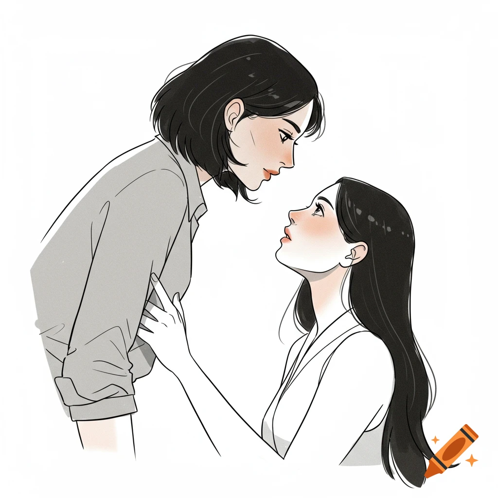 A minimalist line art illustration shows two women leaning in for a kiss, one with short dark hair, the other with long dark hair, on a white background.