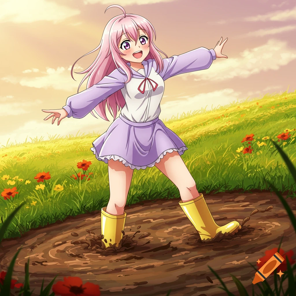 An anime girl with pink hair and purple dress and yellow rubber boots splashes in a muddy puddle in a grassy field.