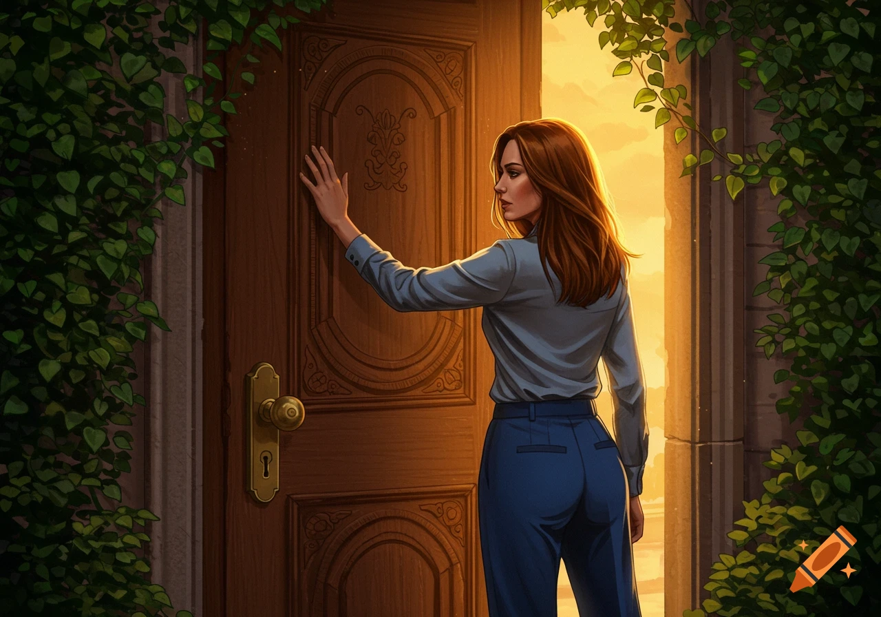 Digital illustration of a woman in a blue shirt and pants reaching for a carved wooden door, surrounded by vines and bright sunlight.
