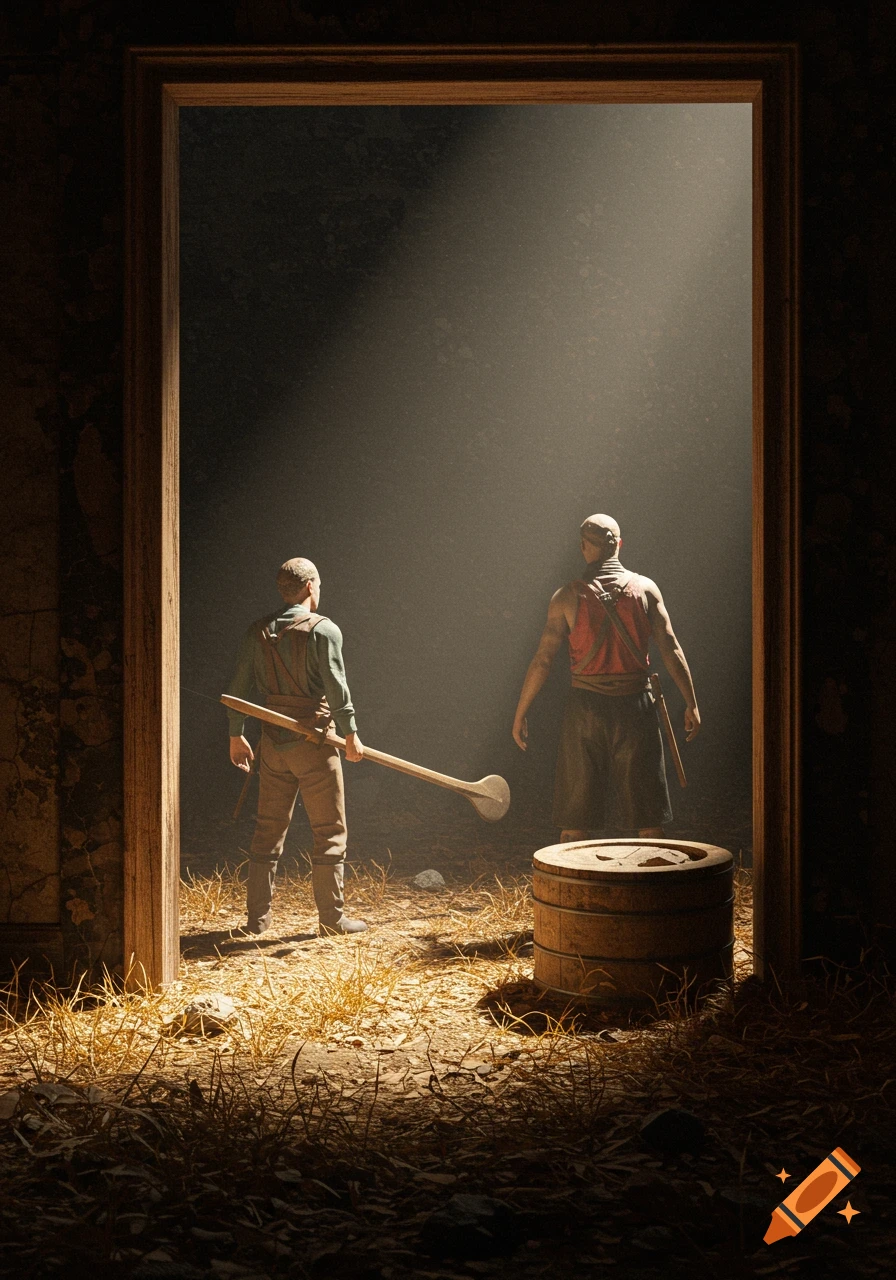 Two men in rustic clothing, holding tools, stand in a dimly lit, straw-covered room with a cinematic beam of light.