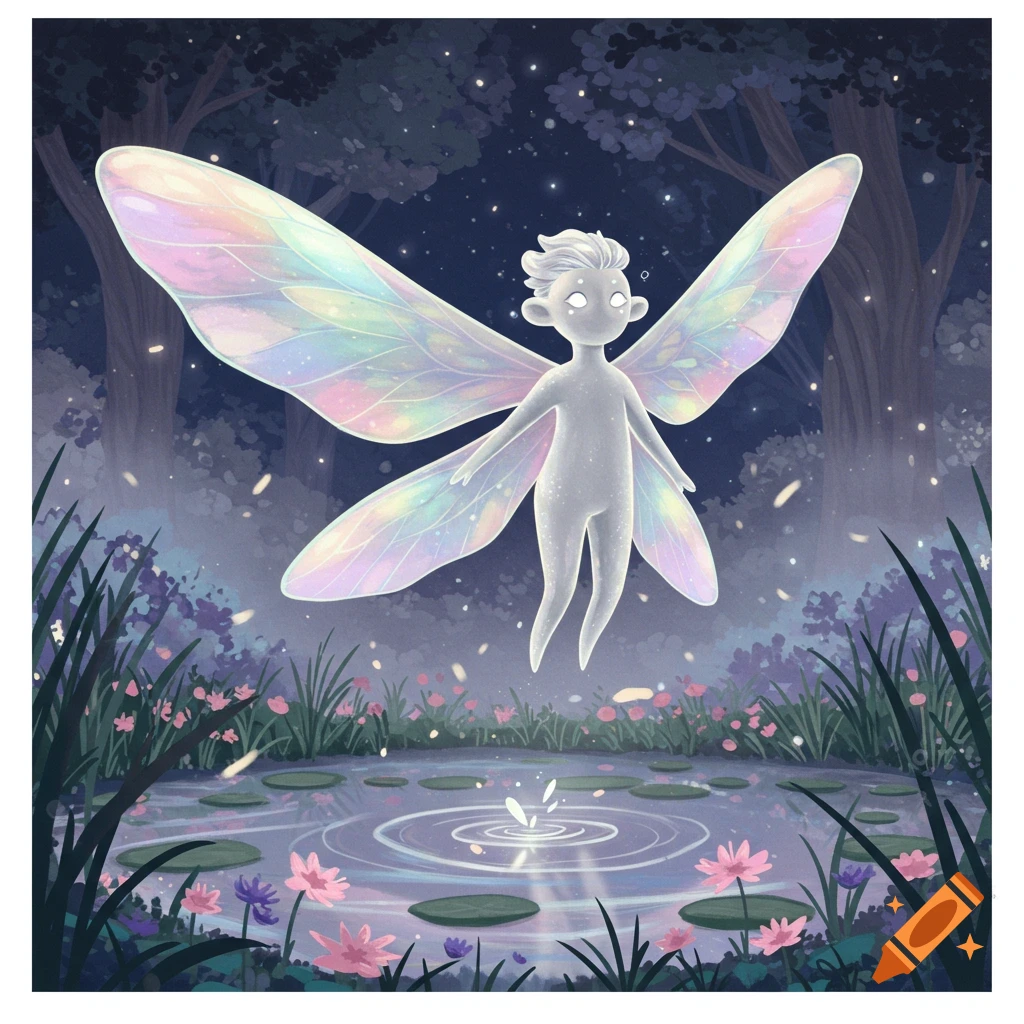 An ethereal, pale fairy with large, iridescent wings hovers over a moonlit pond in a magical forest.