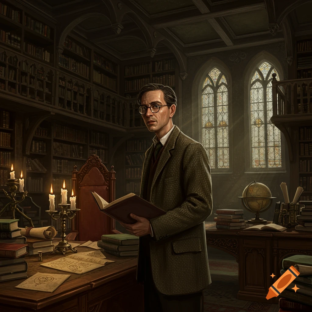 A man in a tweed suit and glasses holds a book in a grand, dimly lit library with tall bookshelves and arched windows, candles on a desk in the foreground.