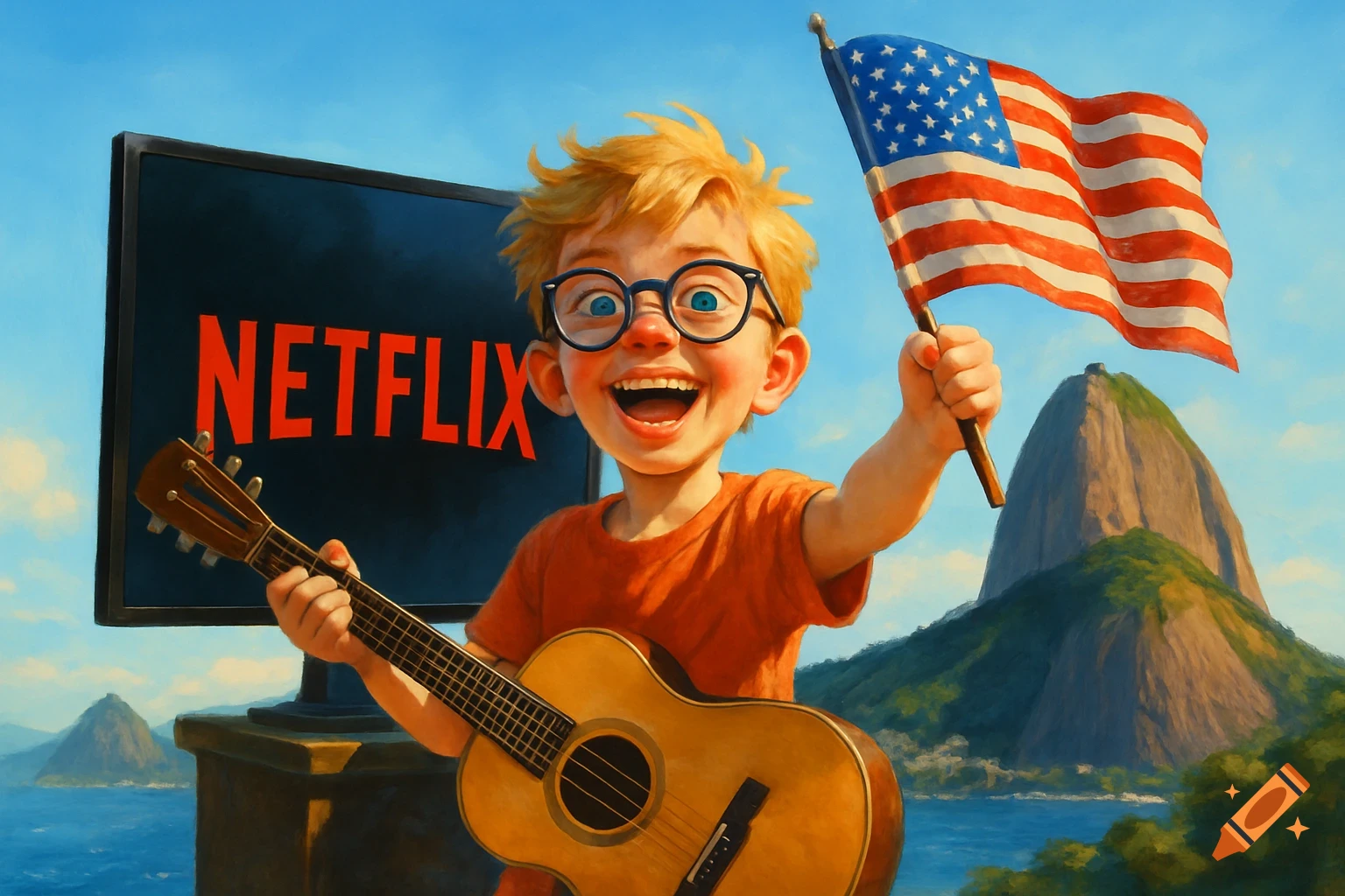 A happy blonde boy in glasses holds a guitar and US flag in front of a Netflix TV, with mountains and sea. Stylized art.