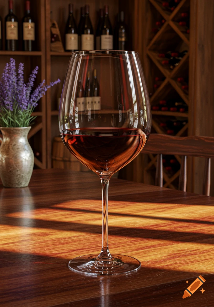 A close-up shot of a glass of red wine on a polished wooden table, with wine racks and lavender in the soft-focus background.