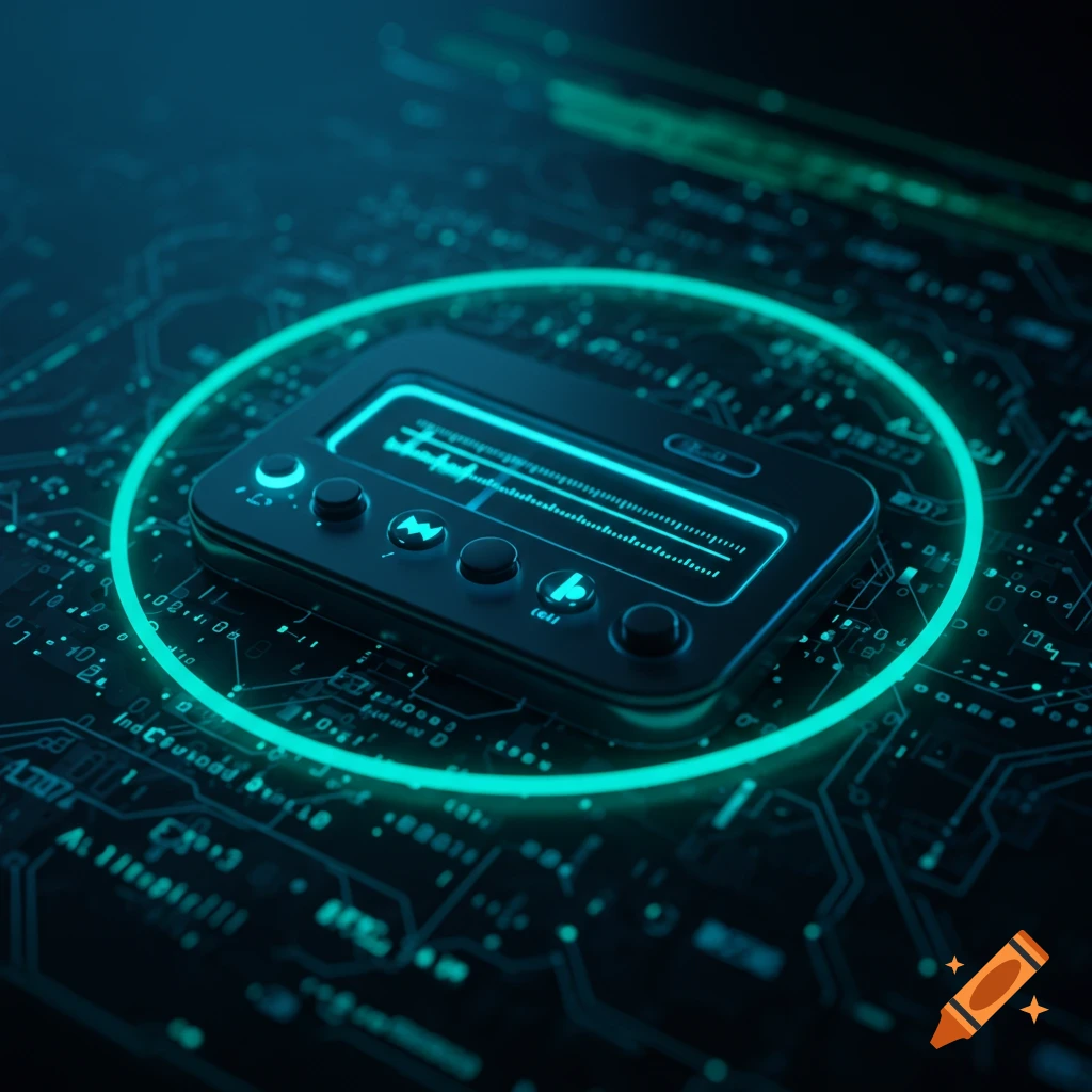 A dark digital music player with a glowing green screen showing a waveform, surrounded by a neon green circle on a circuit board background.