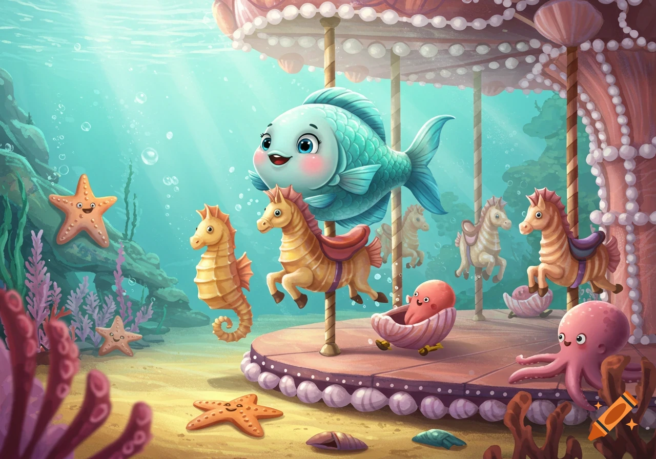 Cartoon blue fish rides a seahorse on an underwater carousel with other sea creatures.