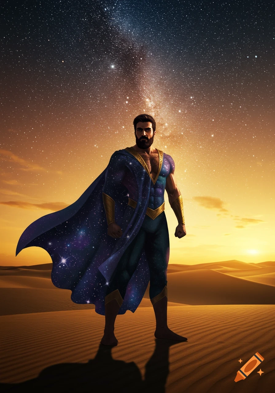 A bearded man in a blue and gold superhero suit with a starry cape stands in a desert under a starry night sky.