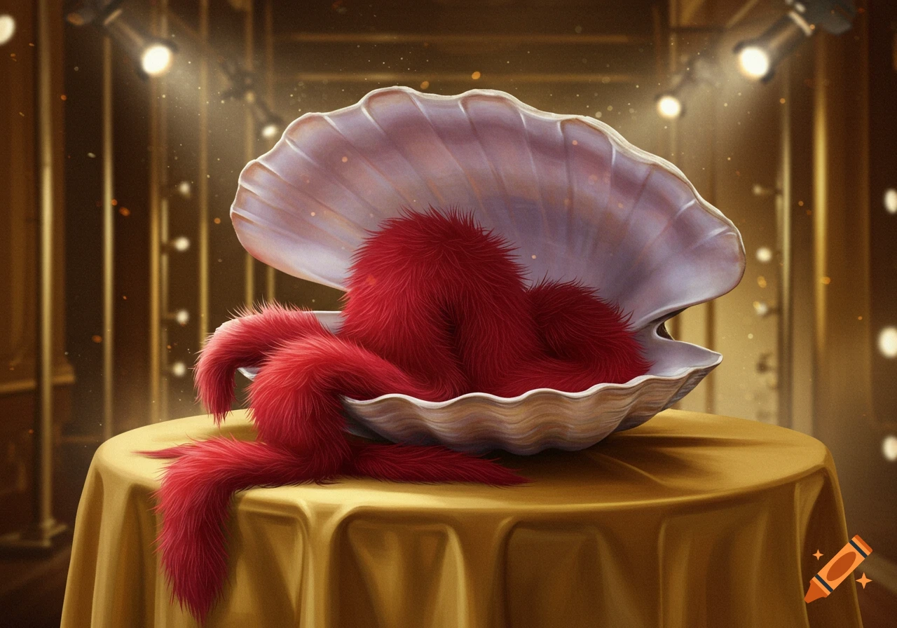 An open scallop shell overflows with bright red fur, resting on a gold-draped table under dramatic spotlights.