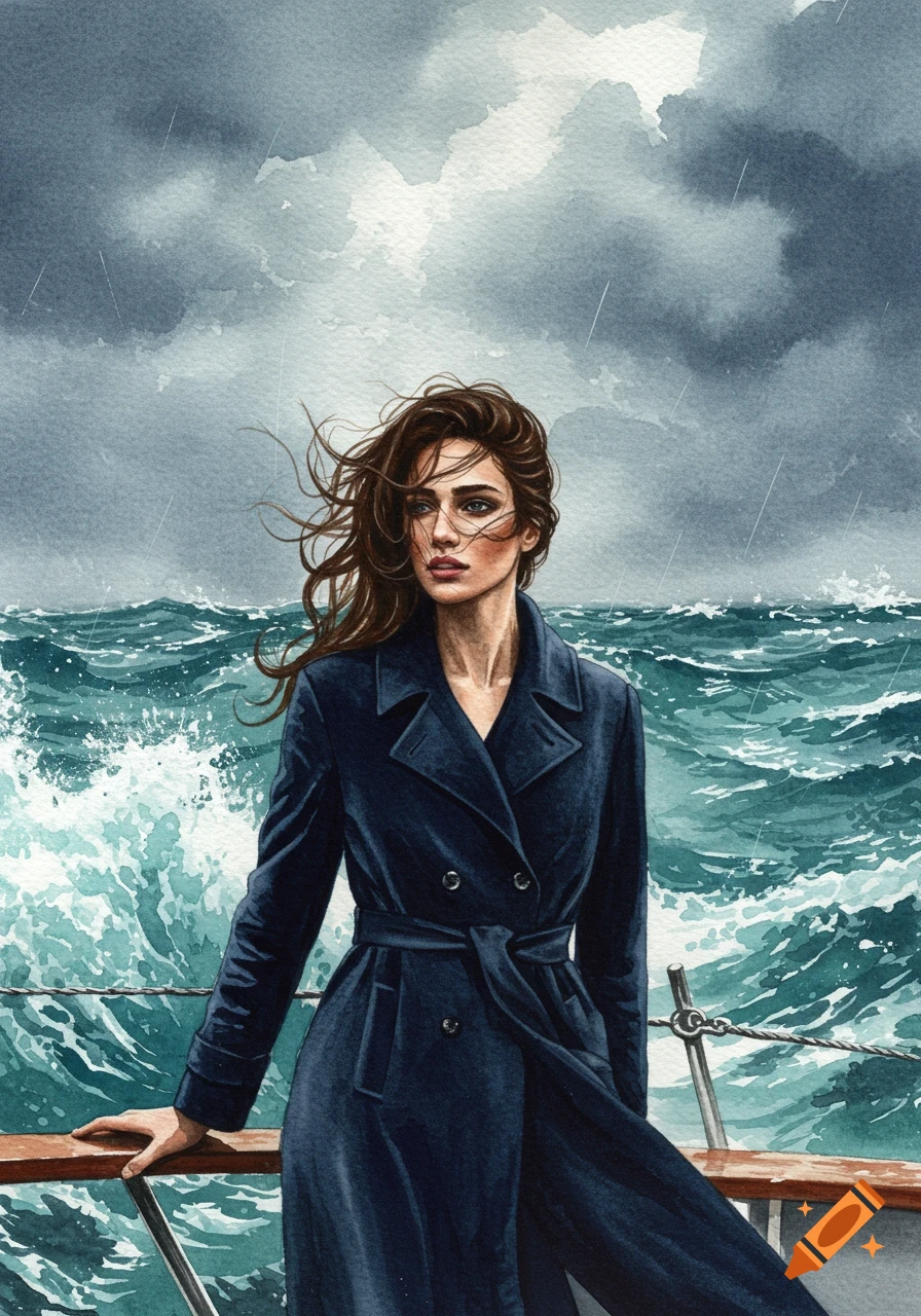 Watercolor painting of a woman with flowing hair in a dark coat on a boat in a rough, stormy sea under a grey sky.