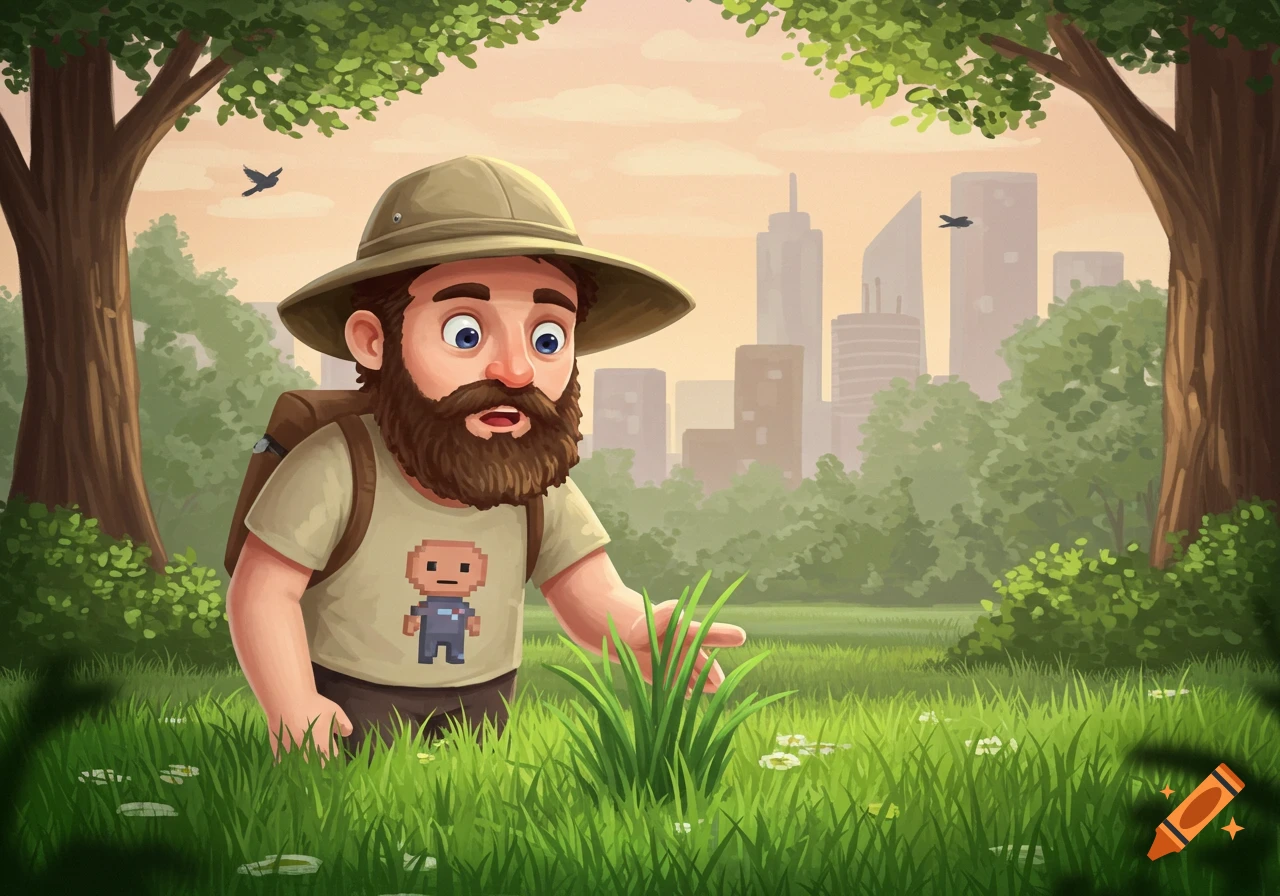 Cartoon illustration of a bearded man in a safari hat intently examining a patch of grass, with a city skyline in the background.