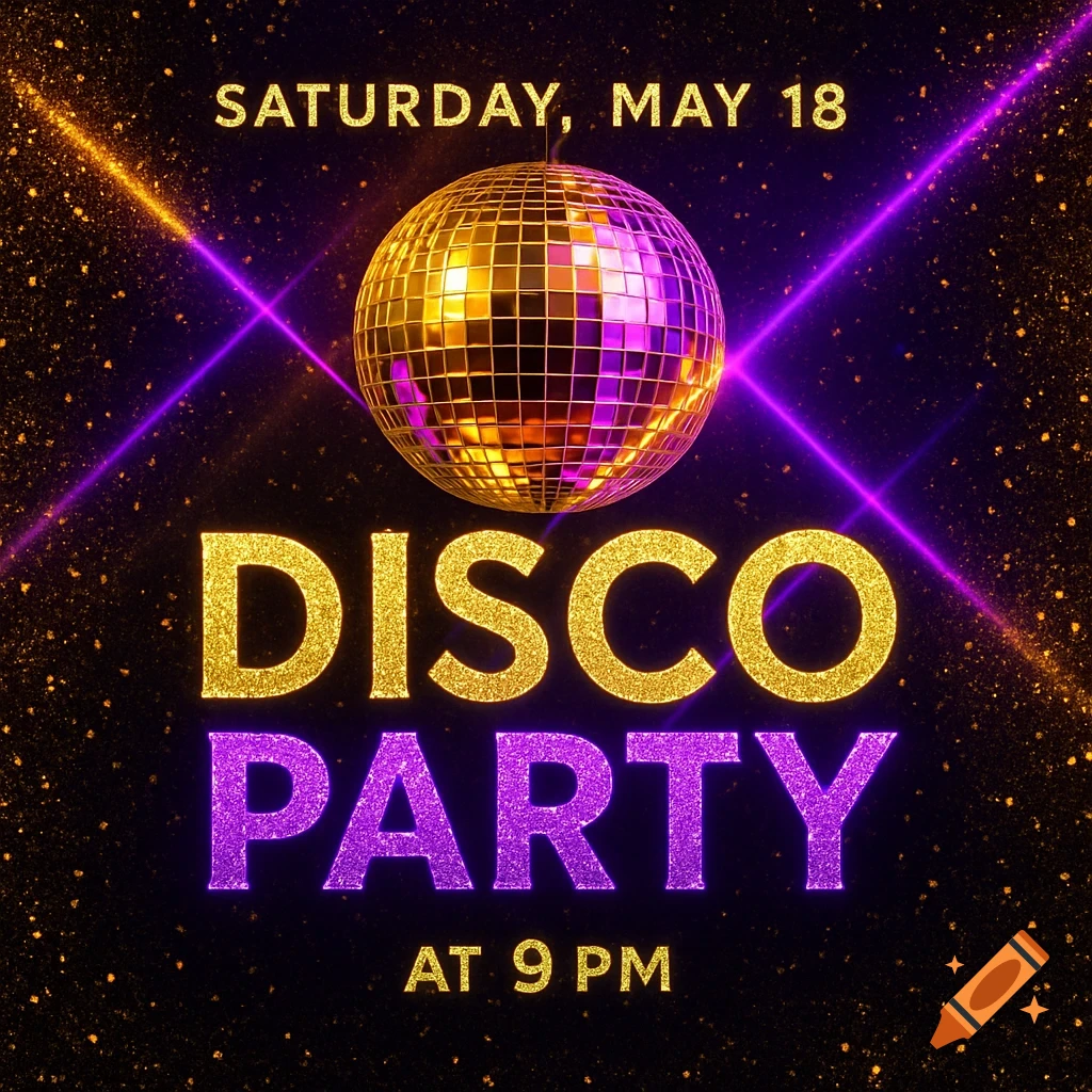 A vibrant disco party invitation with a shimmering disco ball, glittery gold and purple text, and radiant light beams.