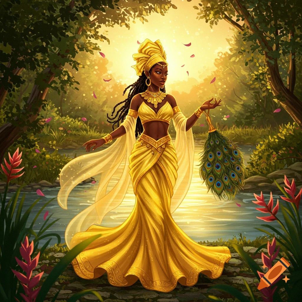 A radiant woman in a flowing golden gown and headwrap stands by a luminous river in a lush, sunlit forest, holding a peacock feather fan.