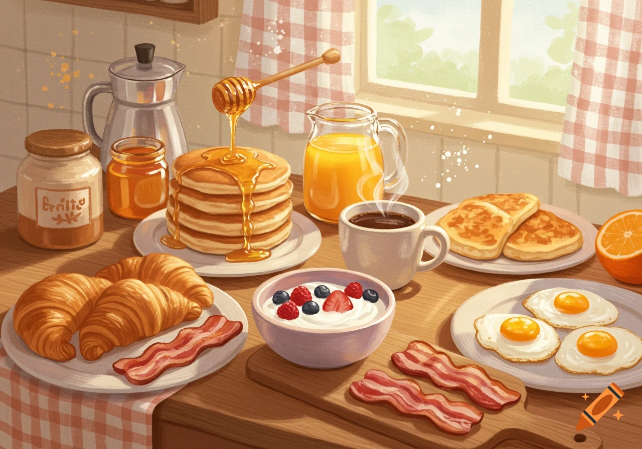 Illustrative breakfast spread with pancakes, honey, bacon, croissants, fried eggs, yogurt, coffee, and orange juice.
