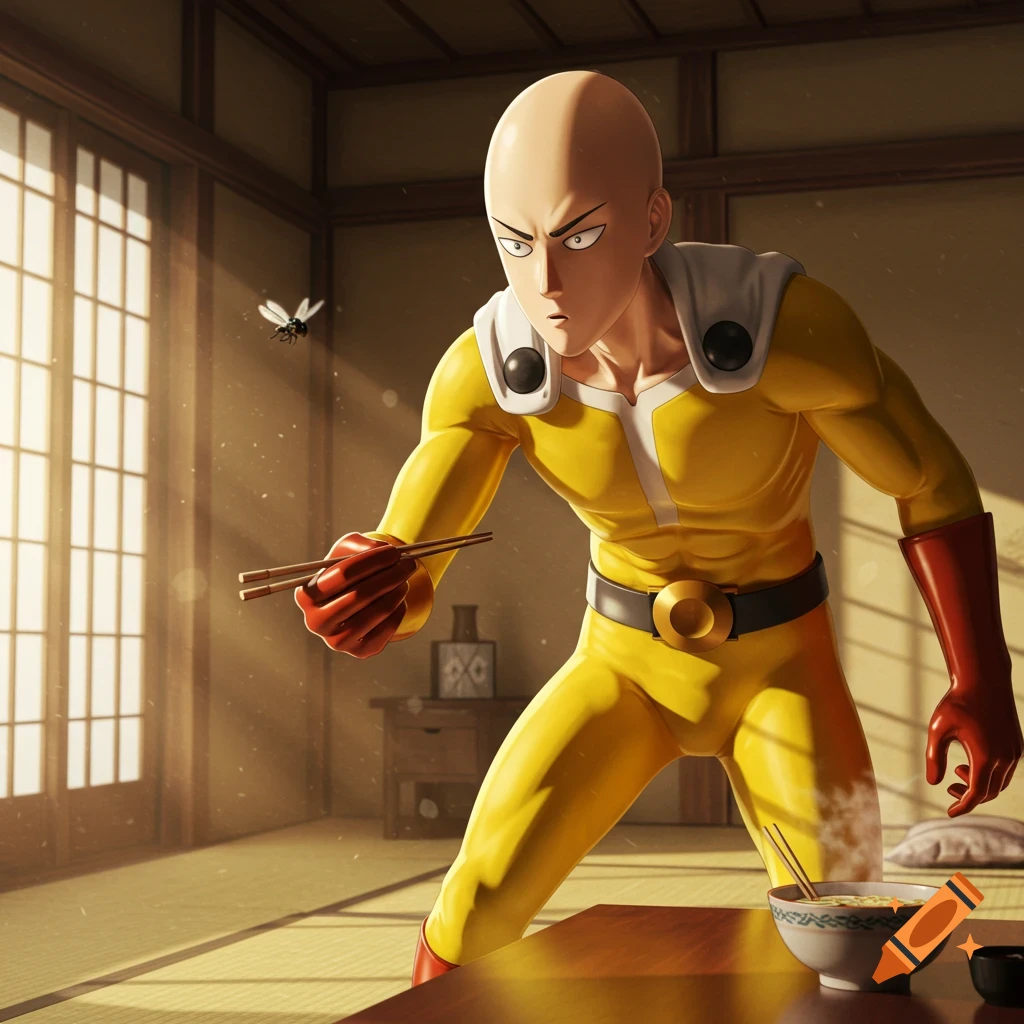 One-Punch Man crouched in a Japanese room, intently aiming chopsticks at a fly, in an anime illustration style.