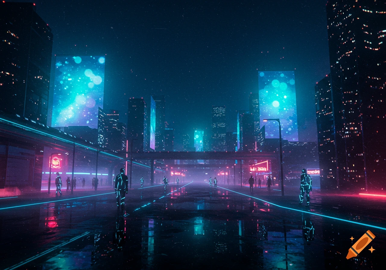 Dark futuristic cityscape at night, lit by neon blue and red lights, with glowing figures walking on a wet street.