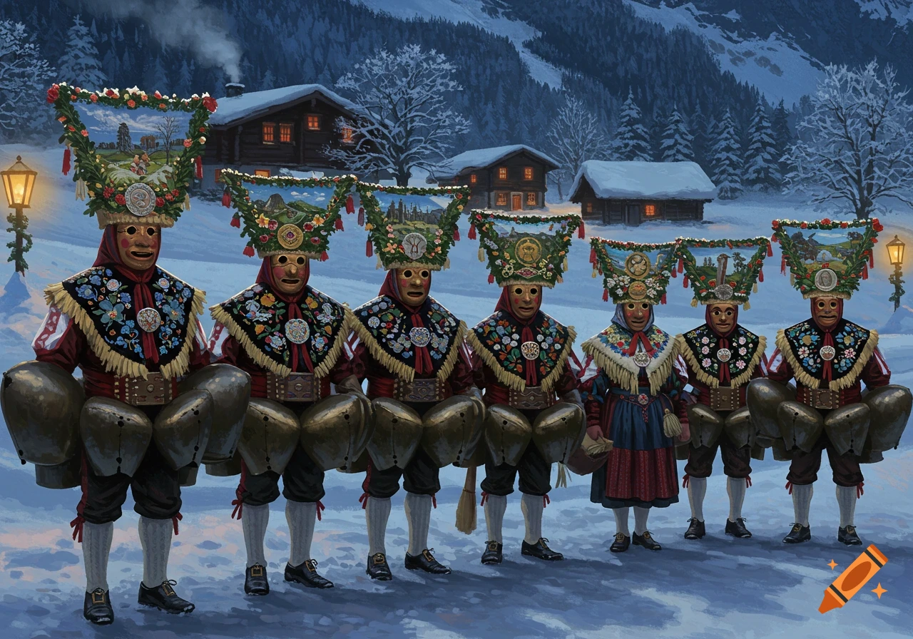 Six figures in traditional Swiss 'Silvesterchläuse' costumes with masks, ornate hats, and large bells stand in a snowy mountain village scene.