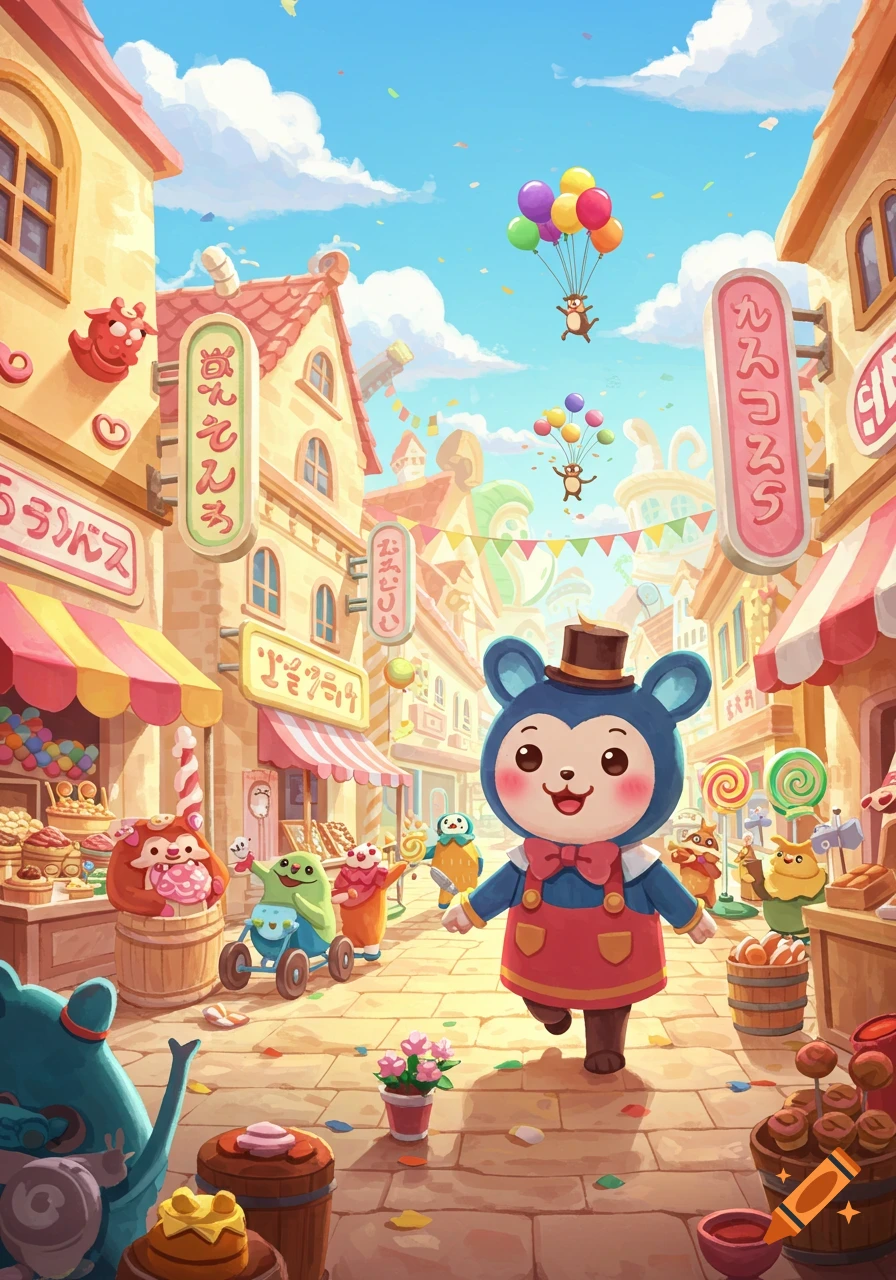 A cheerful blue bear-like character walks down a vibrant, whimsical cartoon street lined with sweet shops, as monkeys float with balloons in the sky.