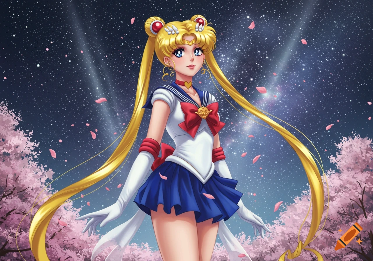 Anime illustration of Sailor Moon standing under a starry night sky with falling pink cherry blossoms.