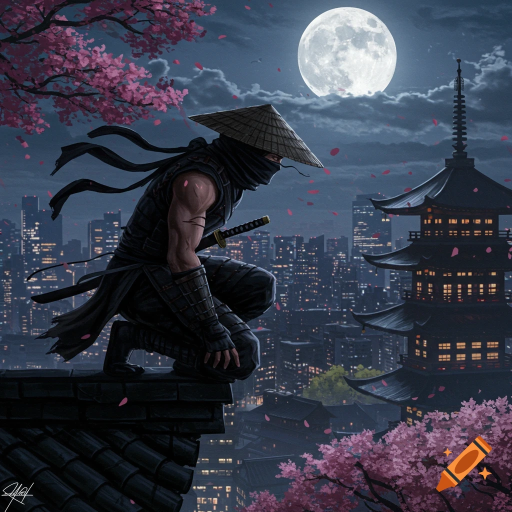 A ninja crouches on a tiled rooftop overlooking a city skyline with a pagoda and cherry blossoms under a bright full moon at night.