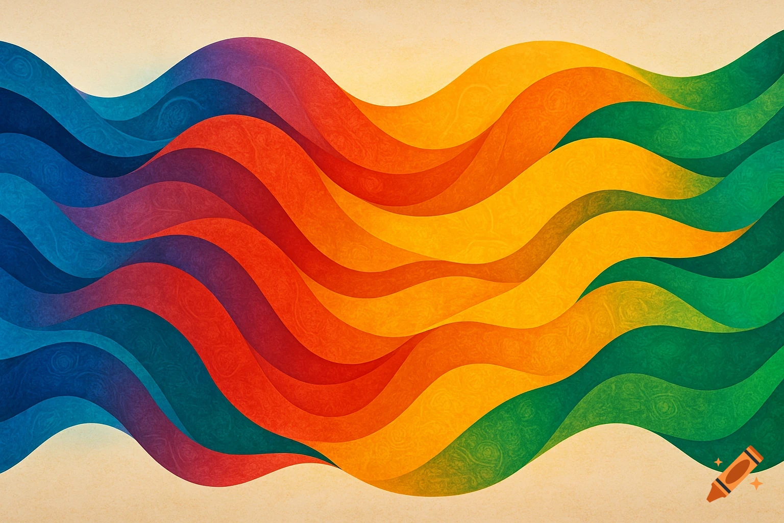 Abstract colorful waves in a rainbow gradient with a subtle textured appearance against a light background.