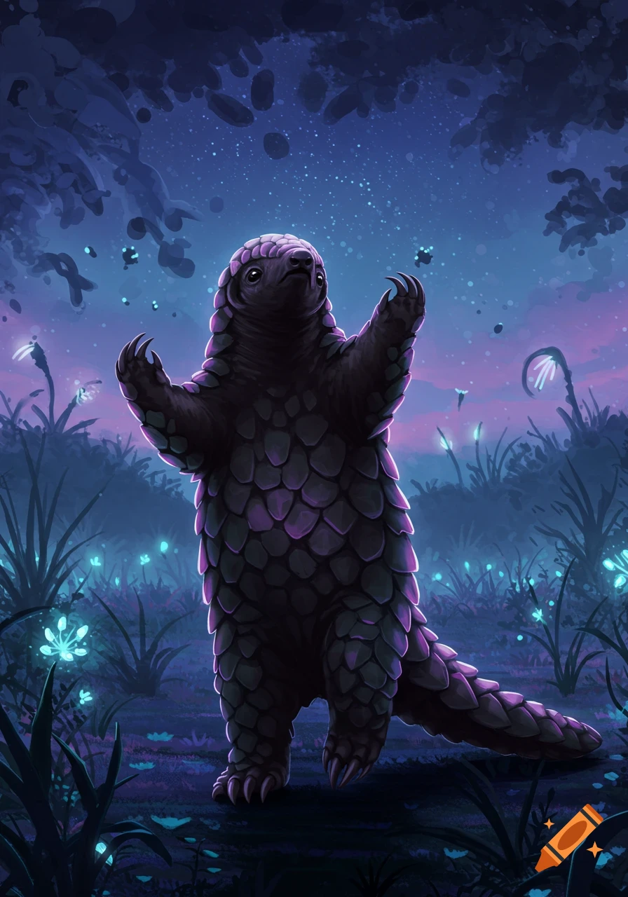 Stylized black and purple pangolin stands with arms raised in a vibrant fantasy forest under a starry night sky.