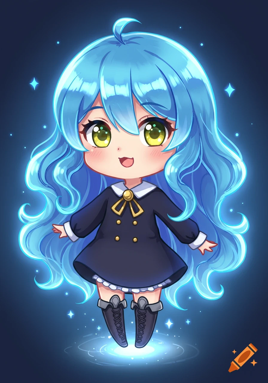 A cute chibi anime girl with long, glowing blue hair and large yellow eyes wears a dark dress, floating against a blue background with sparkling effects.